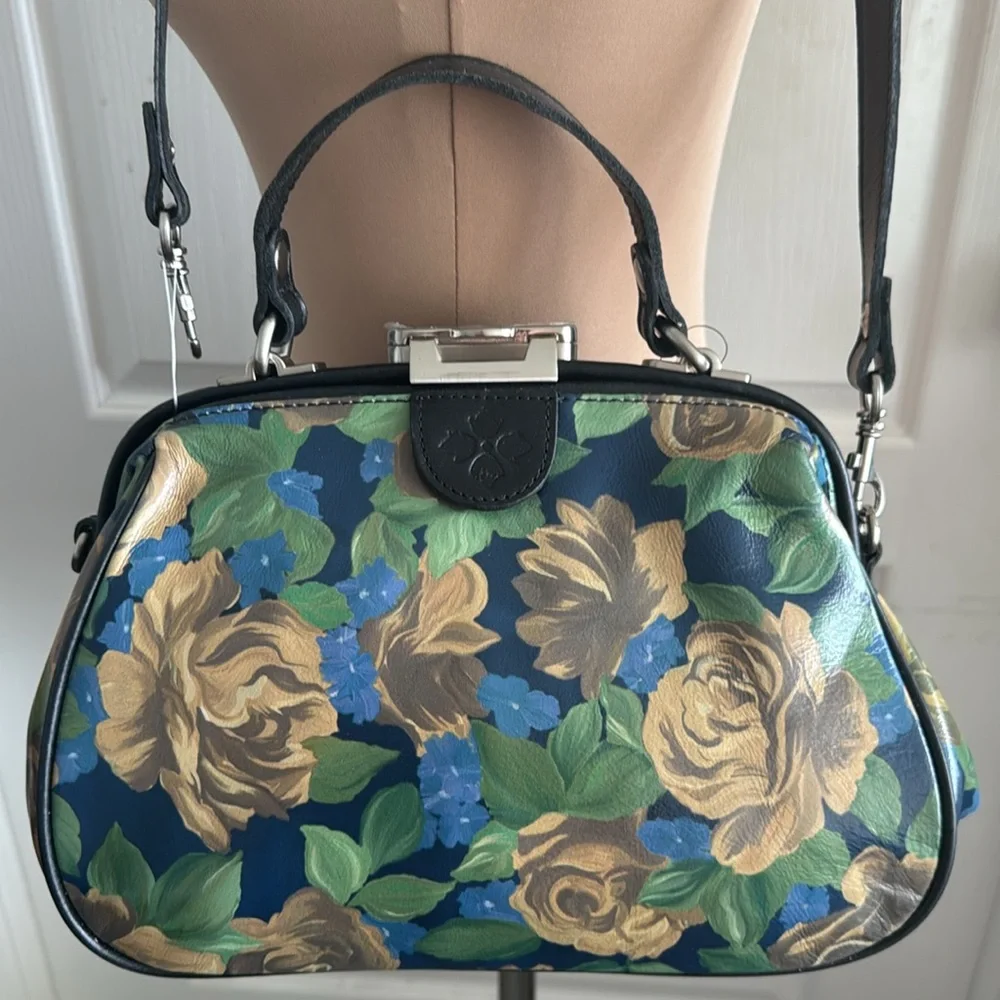 Patricia Nash Gracchi Frame Leather Blue Sky Rose Handbag Xbody Floral Blue